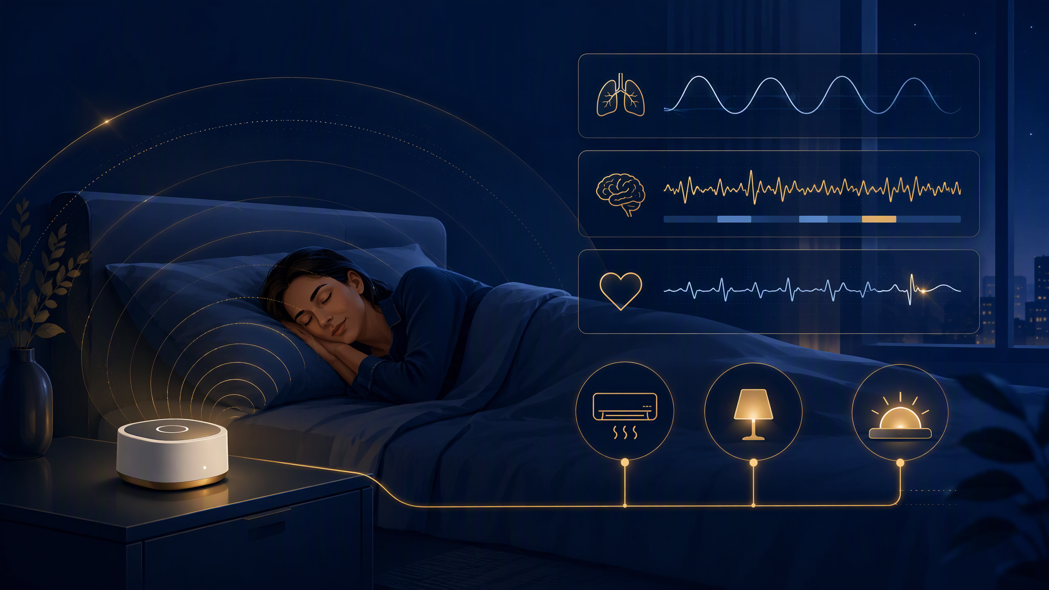 Contactless sleep acquisition and health monitoring: a bedside biometric sensor tracking breathing and sleep stages, with insights feeding the smart home